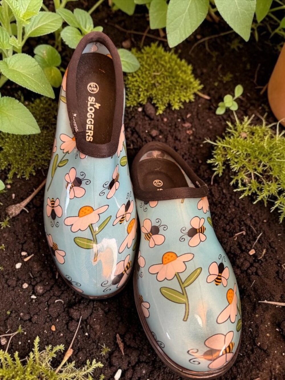 Like New Sloggers Original Waterproof Rain & Garden Shoe Bee Blue Pattern Sz 10